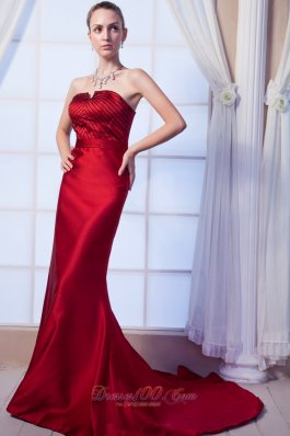 Fashion Wine Red Column Strapless Prom Dress Satin Beading Brush Train