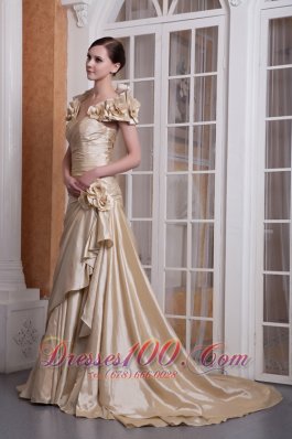 Fashion Customize Champagne A-line Sweetheart Wedding Dress Silk Like Satin Hand Made Flower Court Train