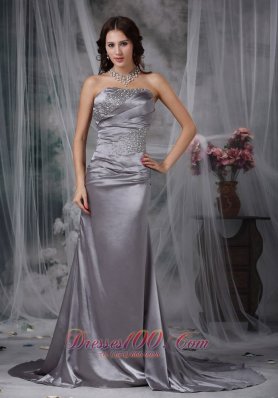 Formal Grey Column Strapless Court Train Beading Elastic Wove Satin Prom Dress