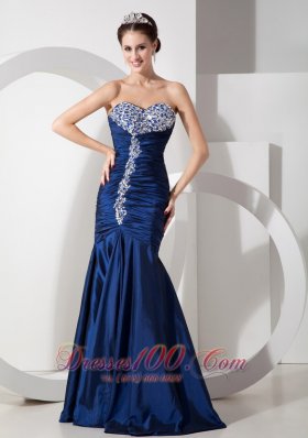 Formal Modern Navy Blue Mermaid Prom Dress with Ruch and Beading