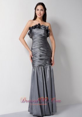 Formal Customize Grey Column Strapless Hand Made Flower Bridesmaid Dress Floor-length Taffeta Ruch