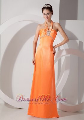 Formal Popular Orange Red Column Halter Evening Dress Satin Beading and Ruch Floor-length