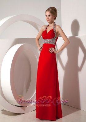 Formal Beautiful Wine Red Column Halter top Prom Dress with Beading