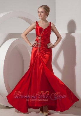 Formal Pretty Red Evening Dress Column Straps Silk Like Satin Beading Floor-length