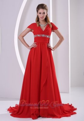 Formal Red Beaded A-line V-neck Chiffon 2013 Mother Of The Bride Dress With Cap Sleeves Court Train