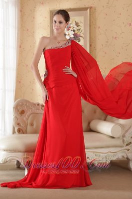 Formal Red Column One Shoulder Watteau Train Chiffon Beading and Sequin Prom Dress