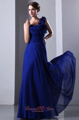 Formal Royal Blue Empire One Shoulder Hand Made Flowers Prom Dress Floor-length Chiffon