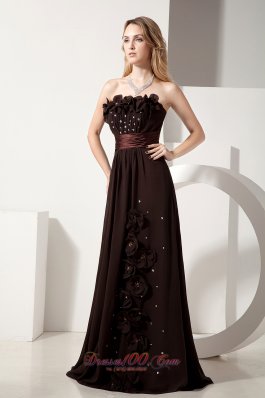 Formal Brown Column Strapless Brush Train Chiffon Beading and Hand Made Flowers Prom / Evening Dress