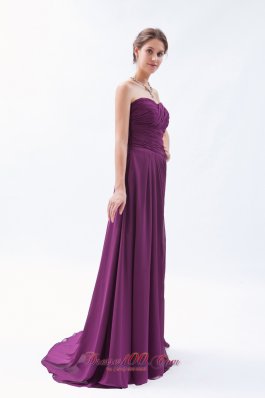 Formal Dark Purple Empire Sweetheart Brush Train Chiffon Ruch Bridesmaid Dress