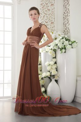 Formal Brown Empire V-neck Brush Train Chiffon Beading Prom / Evening Dress