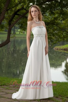 Formal White Empire Strapless Brush Train Chiffon Beading Prom Dress