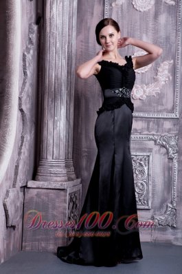 Formal Perfect Black Column Straps Evening Dress Elastic Woven Satin Beading Brush Train