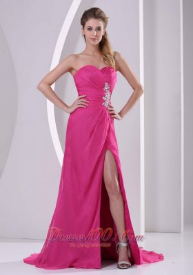 Celebrity High Slit Hot Pink Sweetheart Stylish Prom Celebrity Dress Appliques and Ruch