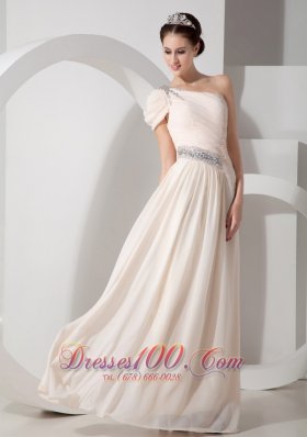 Celebrity Champagne Empire One Shoulder Floor-length Chiffon Beading Prom Dress