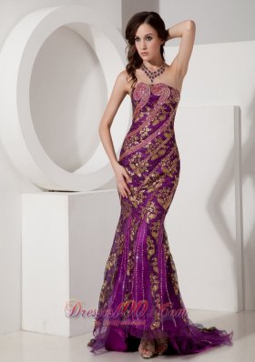 Celebrity Customize Purple and Gold Trumpet / Mermaid Evening Dress Strapless Special Fabric Beading Court Train