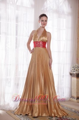 Celebrity Popular Gold Empire Halter Brush Train Elastic Woven Satin Rhinestones Prom Dress