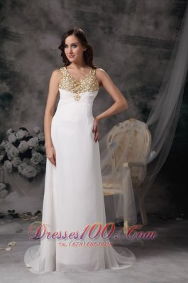 Celebrity Modest Column V-neck Wedding Dress Chiffon Beading Brush Train