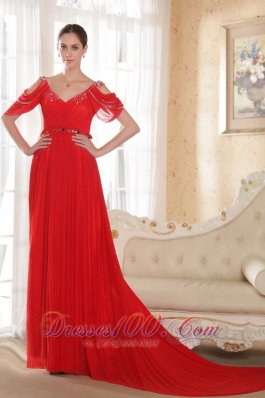 Celebrity Red Empire V-neck Chapel Train Chiffon Beading Prom Dress