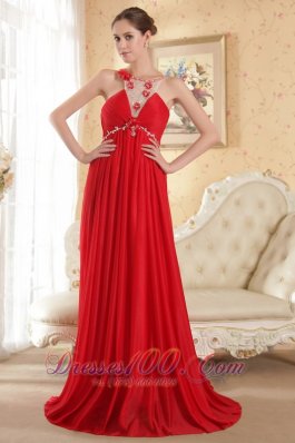 Celebrity Red Empire Scoop Court Train Chiffon Beading Prom Dress