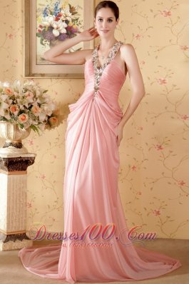 Celebrity Watermelon Column Halter Chapel Train Chiffon Beading and Ruch Prom / Graduation Dress