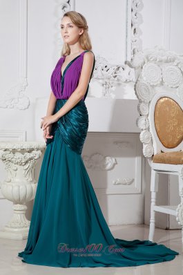 Celebrity Peacock Green and Purple Mermaid V-neck Brush Train Chiffon Prom Dress