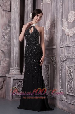 Celebrity Lovely Black Column Evening Dress Halter Elastic Woven Satin Beading Brush Train