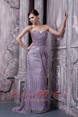 Celebrity Lavender Column Sweetheart Evening Dress Special Fabric and Chiffon Beading Brush Train