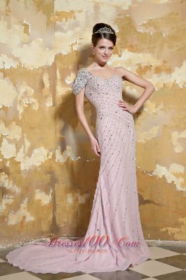 Celebrity Light Pink Column One Shoulder Brush Train Chiffon Beading Prom Dress