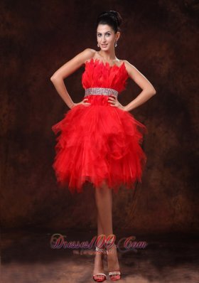 Red Feather Tulle Beaded Decorate Waist A-line Customize Cocktail Dress With Strapless For 2013 Cocktail Dress