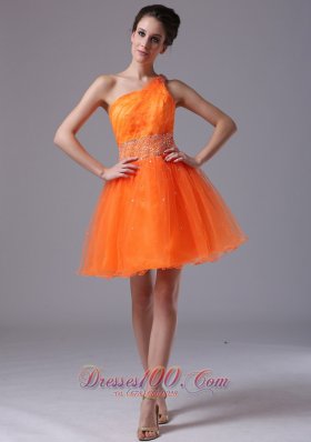 Pretty Orange Beaded Decorate Waist Organza One Shoulder Mini-length Cocktail Dress  Cocktail Dress