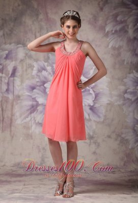 Gorgeous Watermelon Cocktail Dress Empire Scoop Chiffon Beading Knee-length  Cocktail Dress