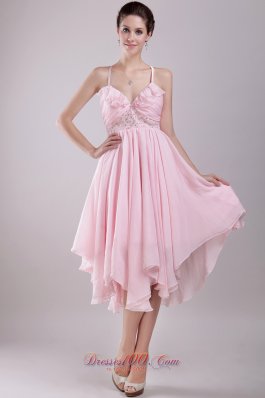 Pink Empire Spaghetti Straps Asymmetrical Chiffon Beading Prom / Homecoming Dress  Cocktail Dress