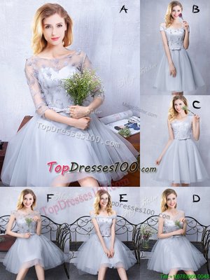 Deluxe Scoop Knee Length A-line Sleeveless Grey Wedding Party Dress Lace Up