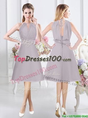 Cute Halter Top Knee Length Zipper Wedding Party Dress Grey and In for Prom and Party and Wedding Party with Lace and Ruching