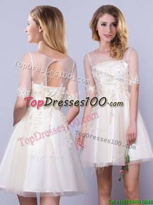 Vintage Scoop Champagne Half Sleeves Mini Length Appliques Lace Up Wedding Guest Dresses