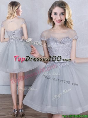 Grey Scoop Neckline Appliques and Belt Wedding Guest Dresses Short Sleeves Lace Up