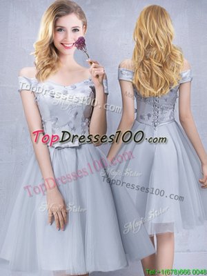 Fantastic Grey A-line Tulle Off The Shoulder Sleeveless Appliques and Belt Knee Length Lace Up Quinceanera Dama Dress