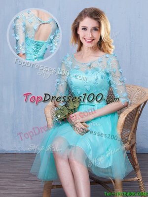 Aqua Blue Lace Up Scoop Lace and Appliques and Bowknot Dama Dress for Quinceanera Tulle Half Sleeves