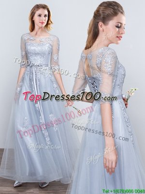Scoop Short Sleeves Half Sleeves Floor Length Appliques and Belt Lace Up Bridesmaid Dress with Grey