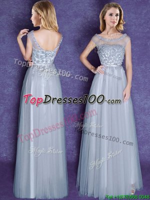 Beauteous Grey Lace Up Scoop Appliques and Bowknot Bridesmaid Dress Tulle Cap Sleeves