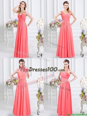 Gorgeous Sleeveless Floor Length Lace and Ruching Zipper Bridesmaid Dress with Watermelon Red