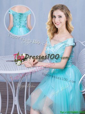 Sexy Aqua Blue Damas Dress Prom and Party and Wedding Party and For with Lace and Appliques and Bowknot Off The Shoulder Cap Sleeves Lace Up