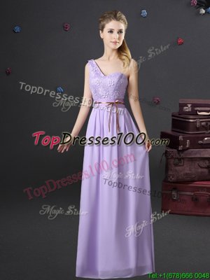 One Shoulder Lavender Lace Up Wedding Party Dress Lace and Appliques and Belt Sleeveless Floor Length