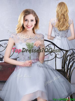 Scoop Beading Bridesmaid Dresses Grey Lace Up Sleeveless Knee Length