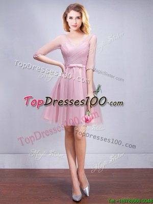 Stunning Pink A-line Tulle V-neck Half Sleeves Ruching and Bowknot Mini Length Lace Up Bridesmaid Dress