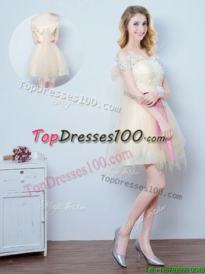 Off the Shoulder Tulle Short Sleeves Mini Length Wedding Guest Dresses and Lace and Appliques and Ruffles and Bowknot