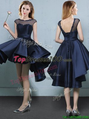 Cap Sleeves High Low Appliques Lace Up Bridesmaid Gown with Navy Blue