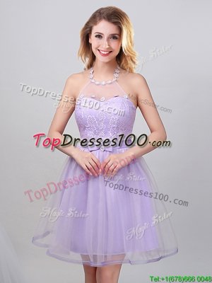 Lavender Lace Up Halter Top Lace and Appliques and Belt Bridesmaid Dresses Tulle Sleeveless