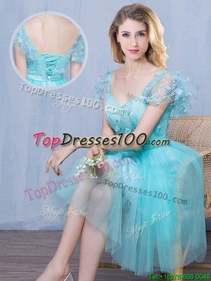 Knee Length Aqua Blue Dama Dress for Quinceanera Sweetheart Short Sleeves Lace Up