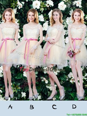 Champagne Tulle Lace Up Scoop Sleeveless Mini Length Wedding Party Dress Lace and Appliques and Ruffles and Bowknot